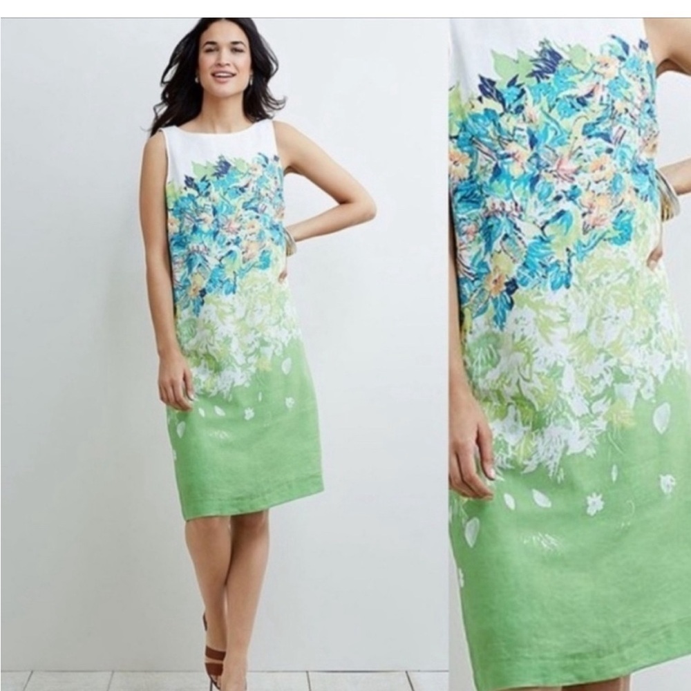 J. Jill Floral Linen Shift Midi Dress S. White/blue/green NWOT